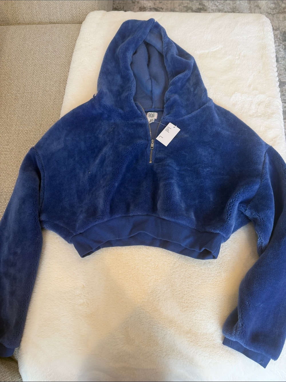 BDG Plush Hooded Cropped Puffer in Deep Blue